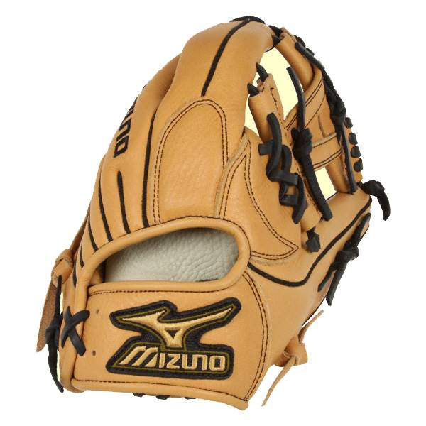 Side view of a tan baseball glove with black lacing and a Mizuno logo.