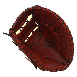 Top-down view of a red Brett Professional Series first base mitt with dark brown lacing and visible Brett logo.