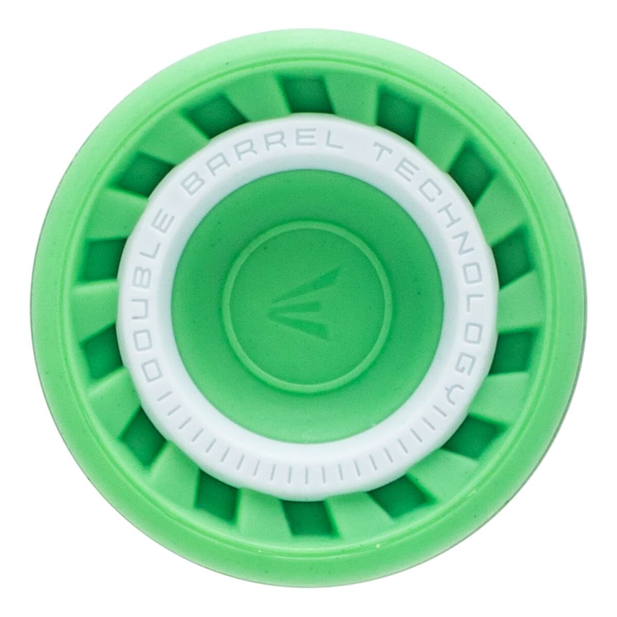 Top-down view of a bright green circular bat end cap featuring "DOUBLE BARREL TECHNOLOGY" text in a white ring and a stylized "E" logo in the center.