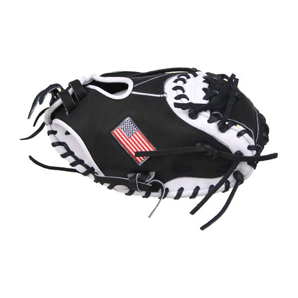 Top-down view of a black catchers mitt with white lacing and an American flag patch.
