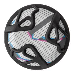 Top-down view of a black baseball bat end cap with a white striped pattern and black, pink, and blue geometric accents.