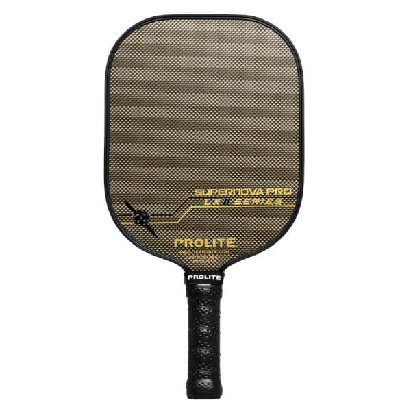 Front view of a black pickleball paddle with a gold textured surface, PROLITE text, and SUPERNOVA PRO LX SERIES text.