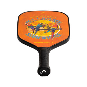 Front view of an orange pickleball paddle with parrots and ITS 5 OCLOCK SOMEWHERE text.