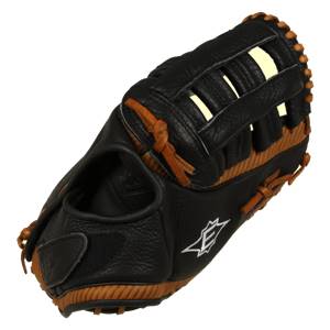 Side view of a black first base mitt with tan lacing and a white Easton logo.