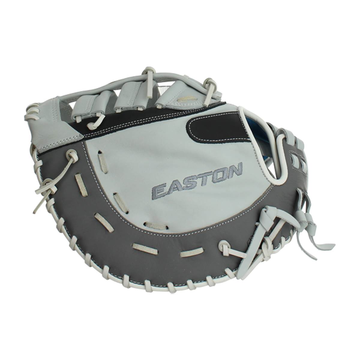 Front view of a gray and white Easton first base mitt with black accents and visible lacing.