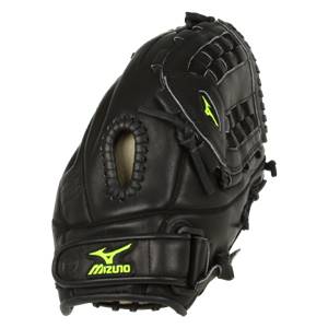 Side view of a black Mizuno MVP Prime Fastpitch Series glove with a lime green logo and lacing detail.