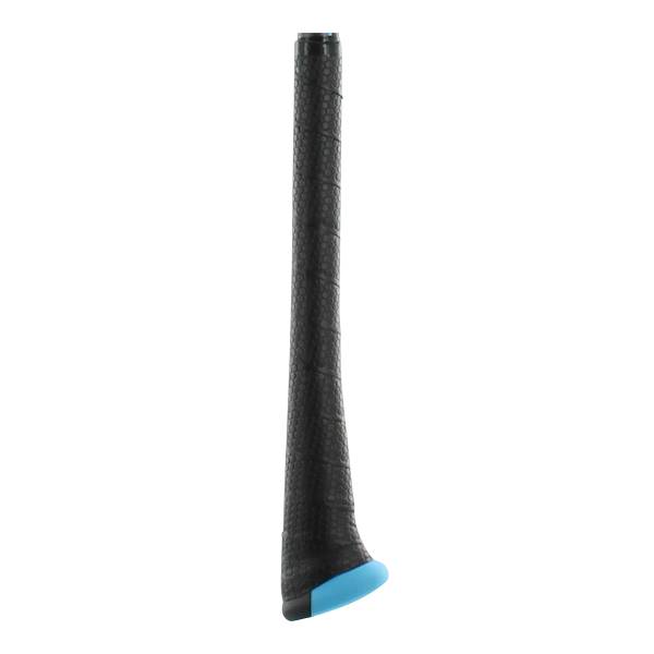 Close-up of a black baseball bat grip with a textured pattern and a blue end cap.
