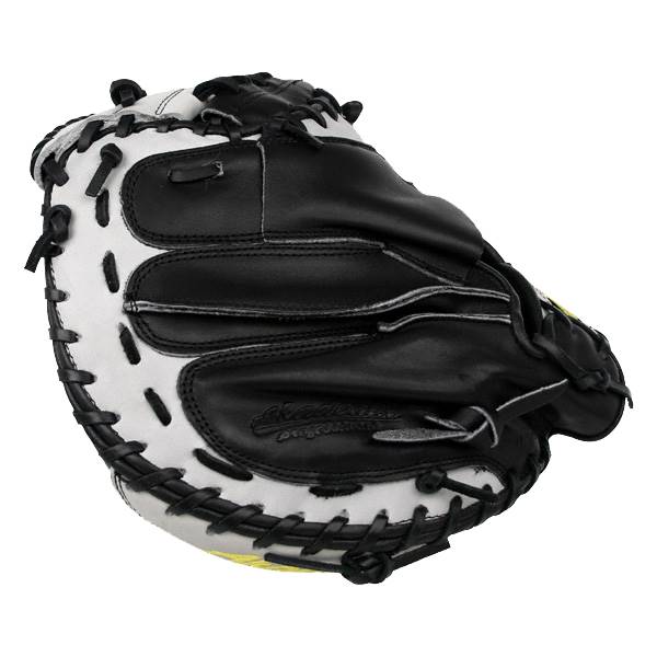 Front view of a black and white catchers mitt with white lacing and Akadema Precision Series text.