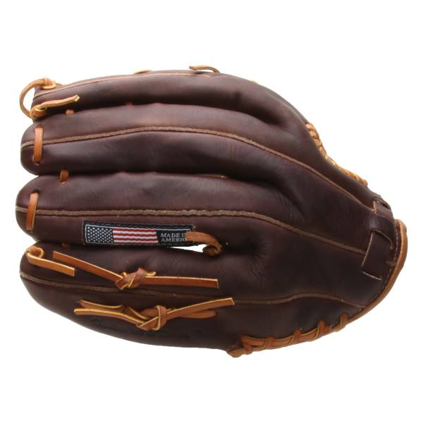 Side view of a brown baseball glove with an American flag patch and MADE IN AMERICA text.