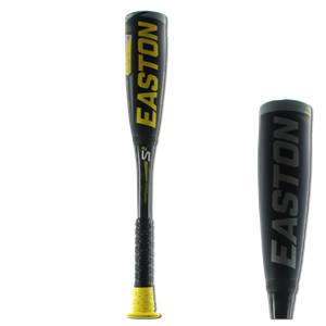 Front view of a black Easton baseball bat with yellow lettering and a yellow grip.