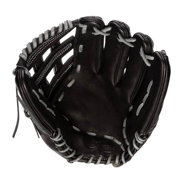 Top-down view of a black baseball glove with white stitching and Capitol Series embossed on the palm.