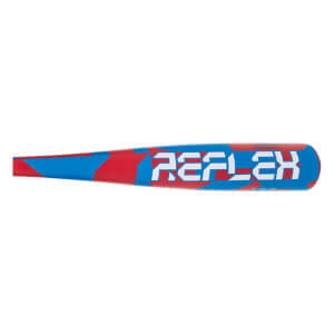 Side view of the bat barrel featuring a red and blue geometric pattern with the word REFLEX displayed in large, white block lettering.