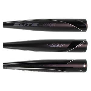 Three views of a black Axe Elite ONE baseball bat with silver branding and text.