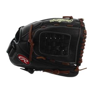 Top-down view of a black Rawlings glove with a woven pocket and red R logo.