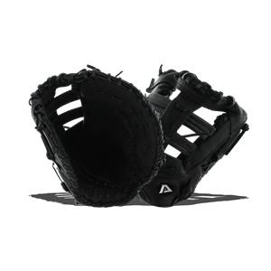 Front view of a black first base mitt with a white A logo and open finger design.