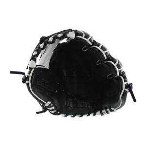 Interior view of a black Wilson baseball glove with white lacing and a Wilson logo.