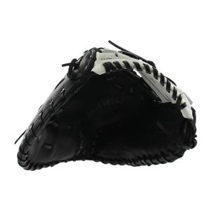 Top-down view of a black and white baseball glove with DOUBT embossed on the palm.