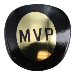 Top-down view of a black baseball bat with a gold MVP sticker.