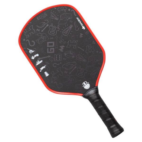 Front view of a black pickleball paddle with red trim, featuring white Monopoly-themed graphics and DIADEM EDGE branding.