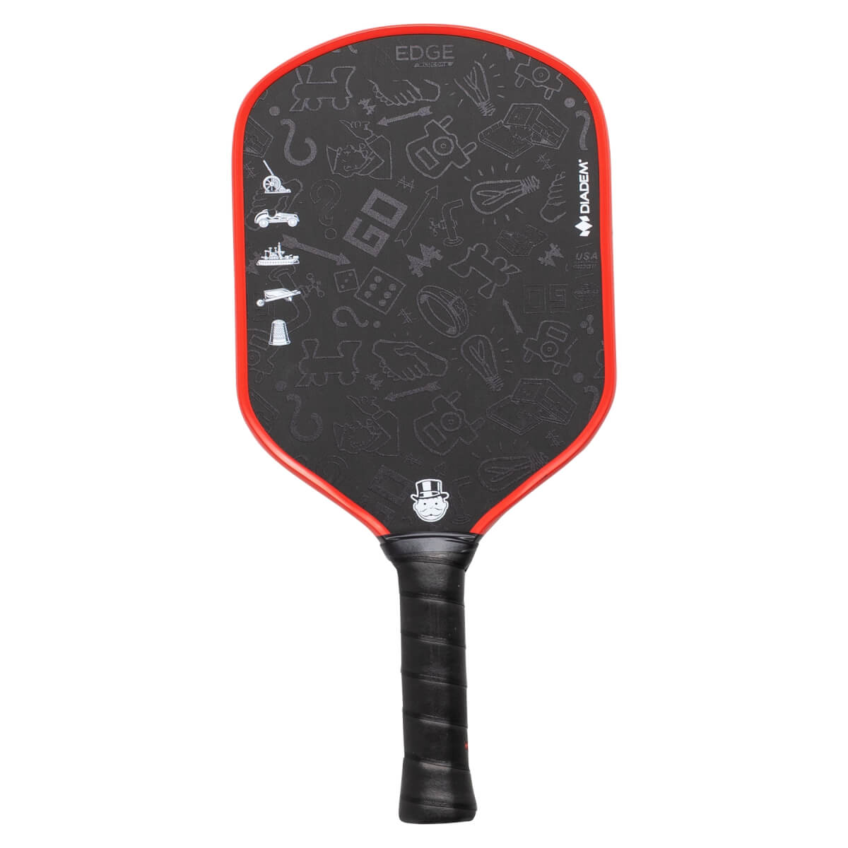 Front view of a black Diadem Edge pickleball paddle with red trim, Monopoly graphics, and a black grip.