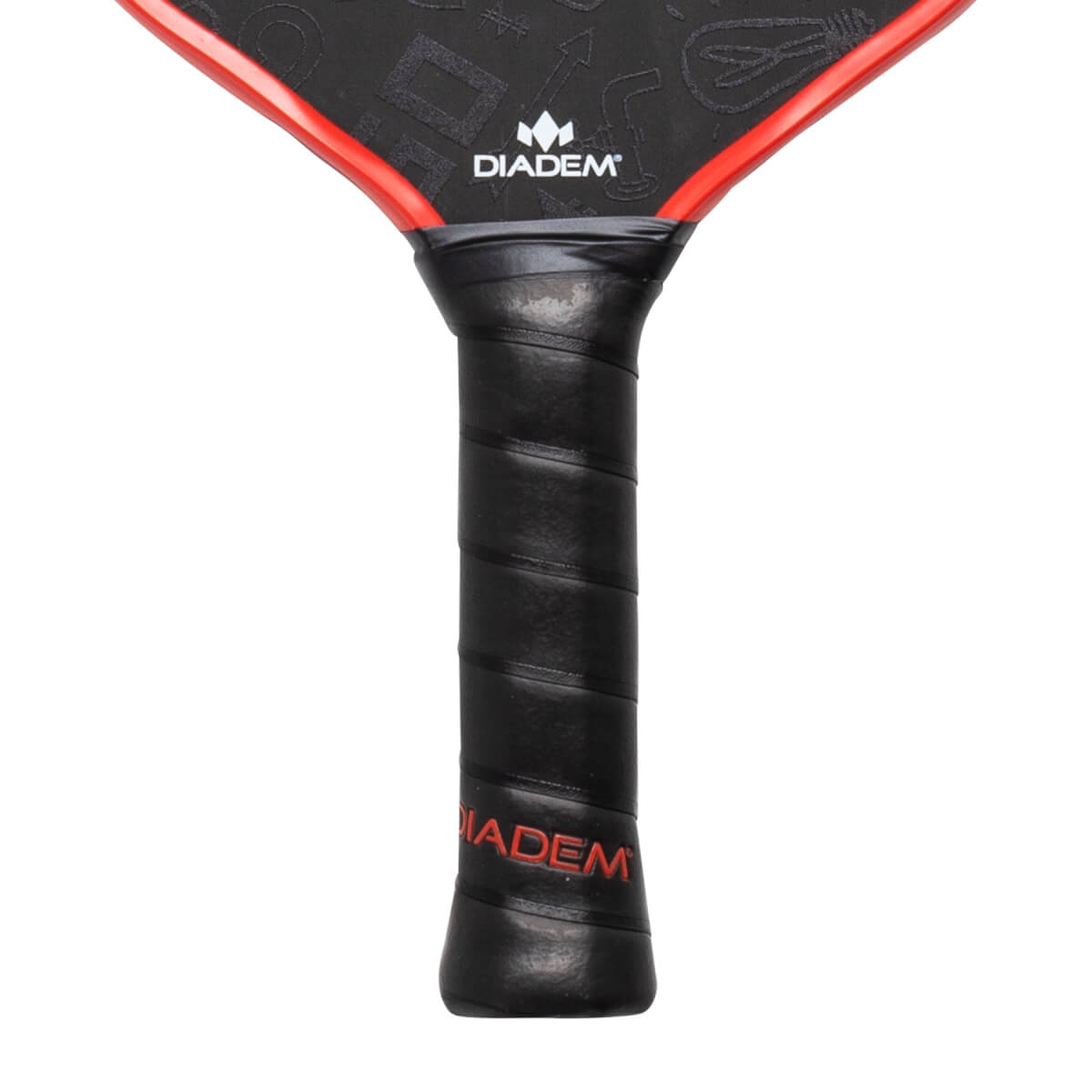 Close-up of a black pickleball paddle with a textured grip, red trim, and DIADEM logo.