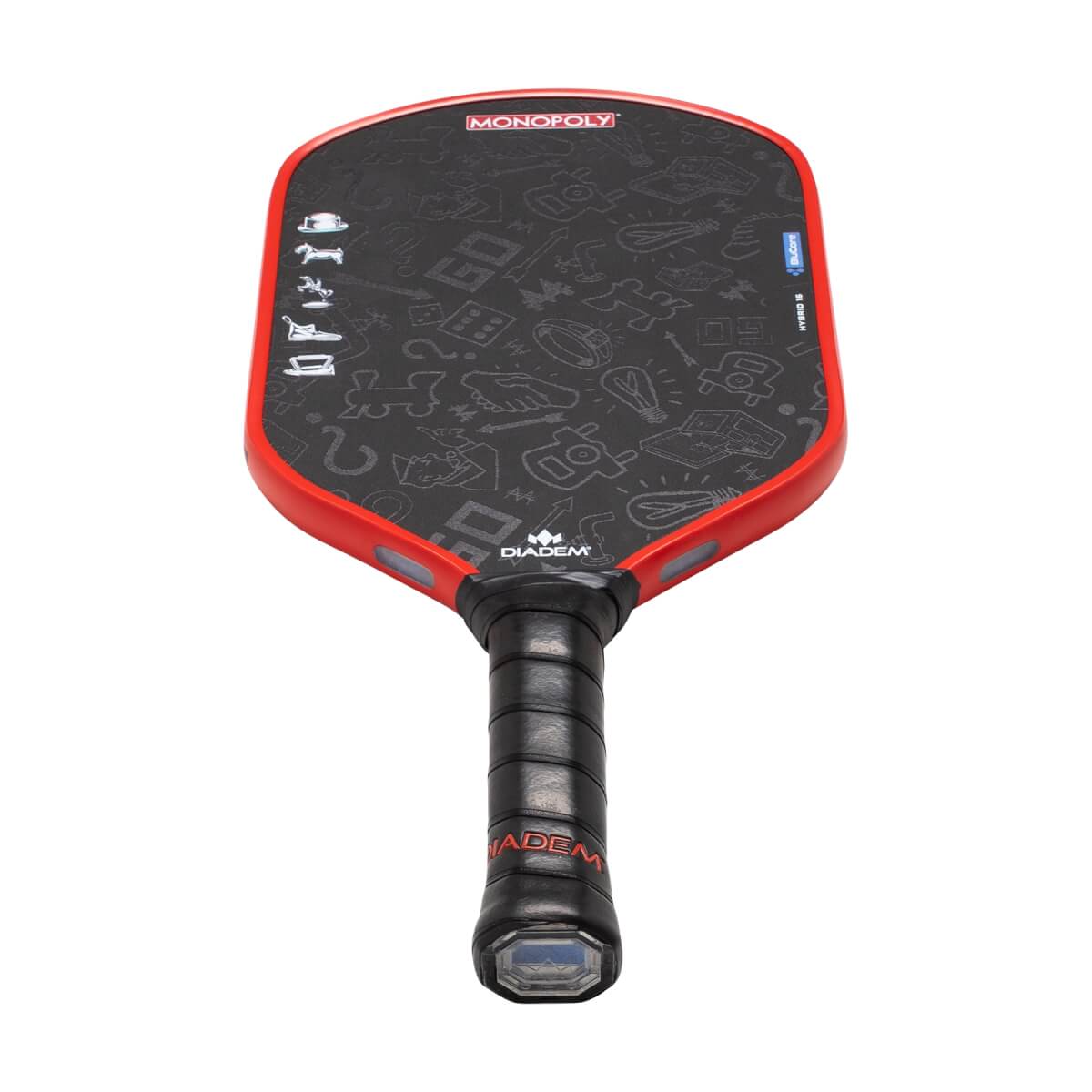 Front view of a black pickleball paddle with red trim, Monopoly-themed doodles, and a black grip with red Diadem branding.