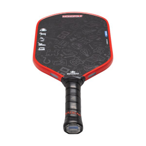 Front view of a black pickleball paddle with red trim, Monopoly-themed doodles, and a black grip with red Diadem branding.