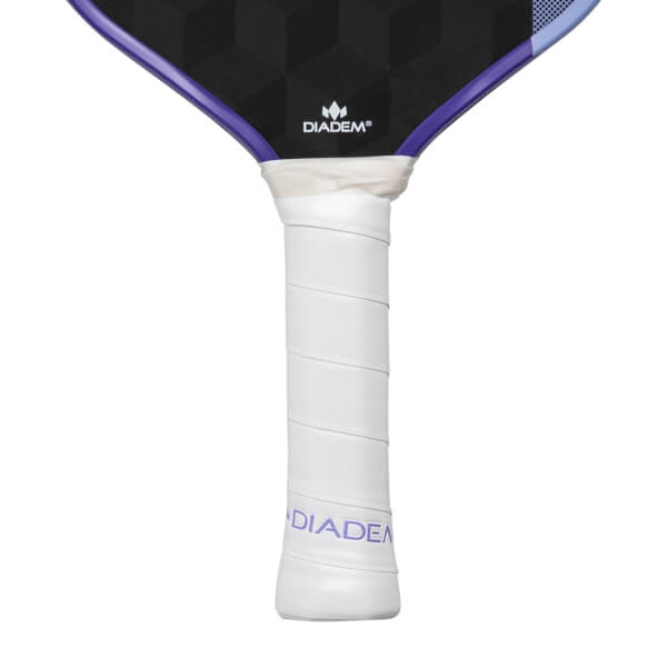 Close-up of a white pickleball paddle grip with a black and purple paddle face and DIADEM branding.