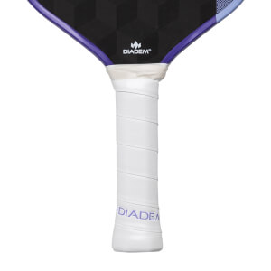 Close-up of a white pickleball paddle grip with a black and purple paddle face and DIADEM branding.