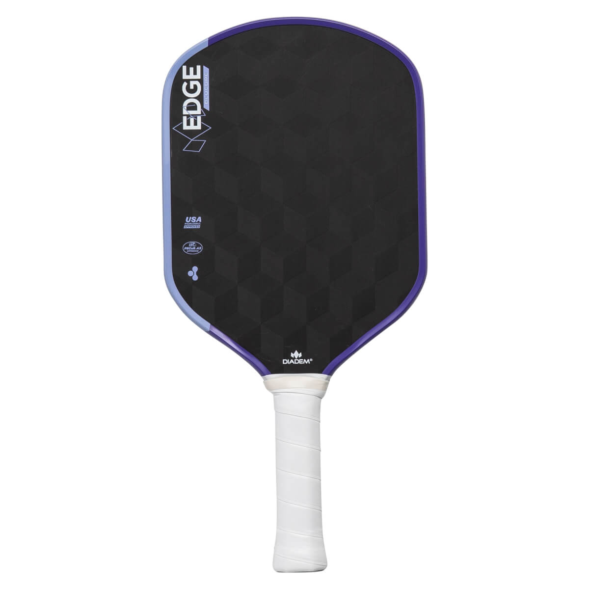 Front view of a black Diadem Edge pickleball paddle featuring a checkered face, purple edge, and white grip.