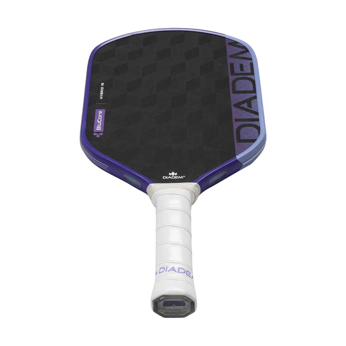Front view of a black pickleball paddle with a checkered face, purple DIADEM branding, and white grip.