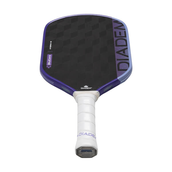 Front view of a black pickleball paddle with a checkered face, purple DIADEM branding, and white grip.