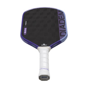 Front view of a black pickleball paddle with a checkered face, purple DIADEM branding, and white grip.