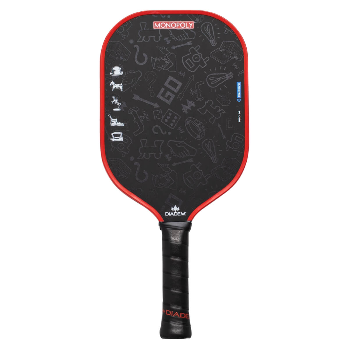 Front view of a black pickleball paddle with a red rim, Monopoly pattern, and Diadem branding.