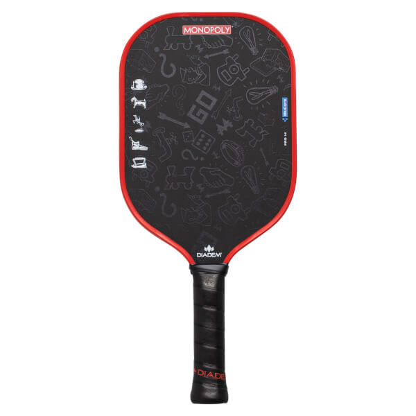 Front view of a black pickleball paddle with a red rim, Monopoly pattern, and Diadem branding.