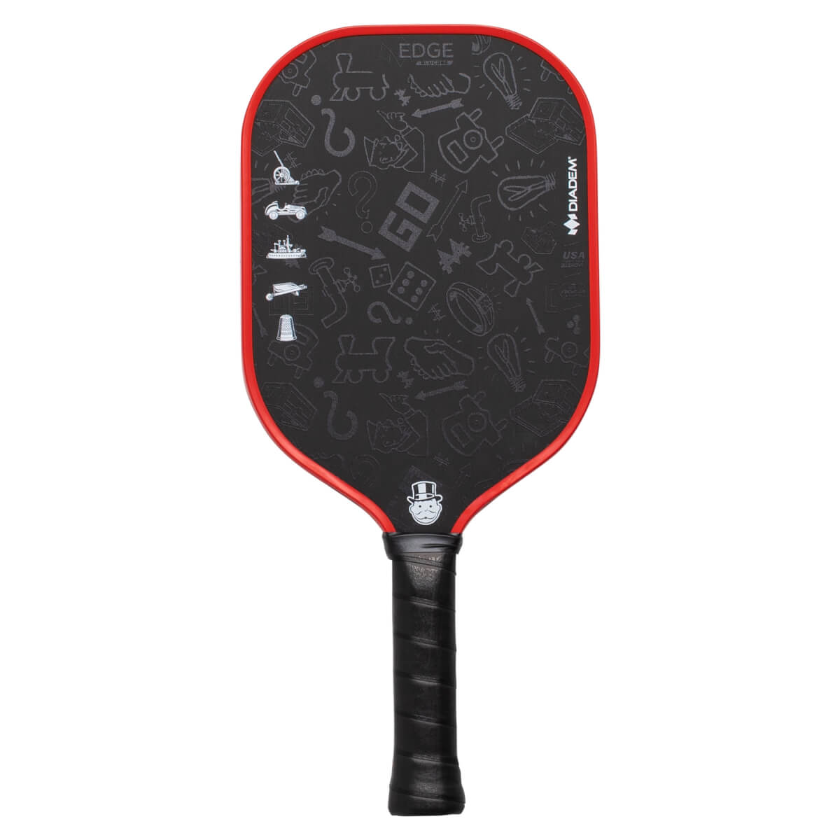 Front view of a black Diadem pickleball paddle with red edge, white Monopoly icon pattern, and black grip.