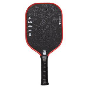 Front view of a black Diadem pickleball paddle with red edge, white Monopoly icon pattern, and black grip.