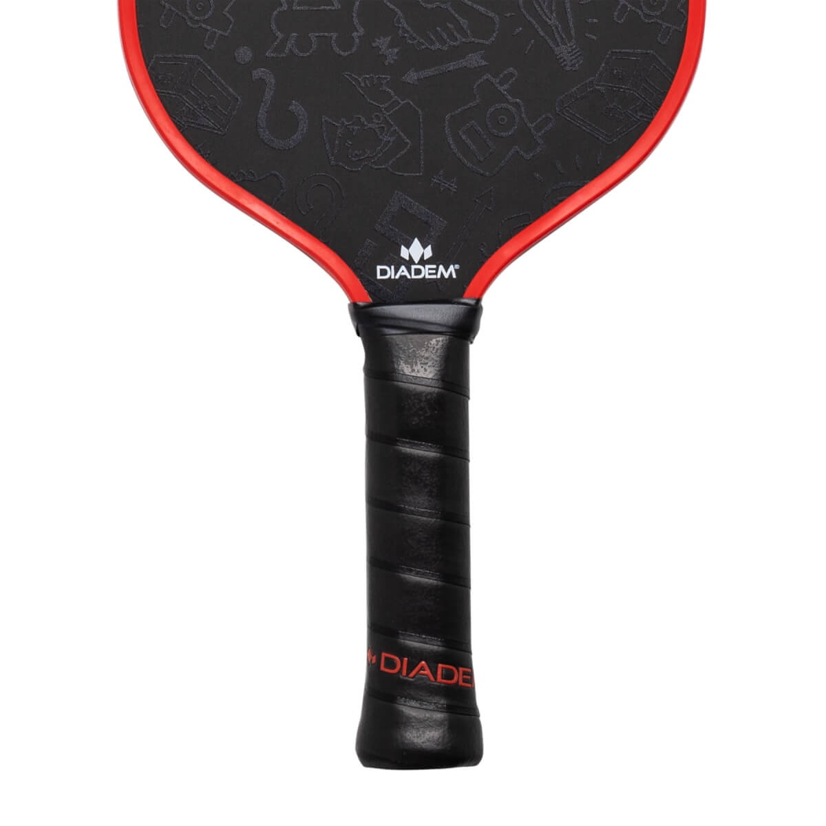 Close-up of a black pickleball paddle with red trim, a textured grip, and DIADEM logos on the face and grip.