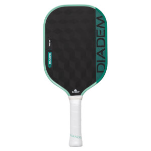 Front view of a black and teal pickleball paddle with a geometric pattern, DIADEM text, and a white grip.