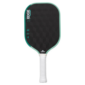 Front view of a black Diadem Edge BluCore pickleball paddle with a geometric pattern, teal trim, and white grip.