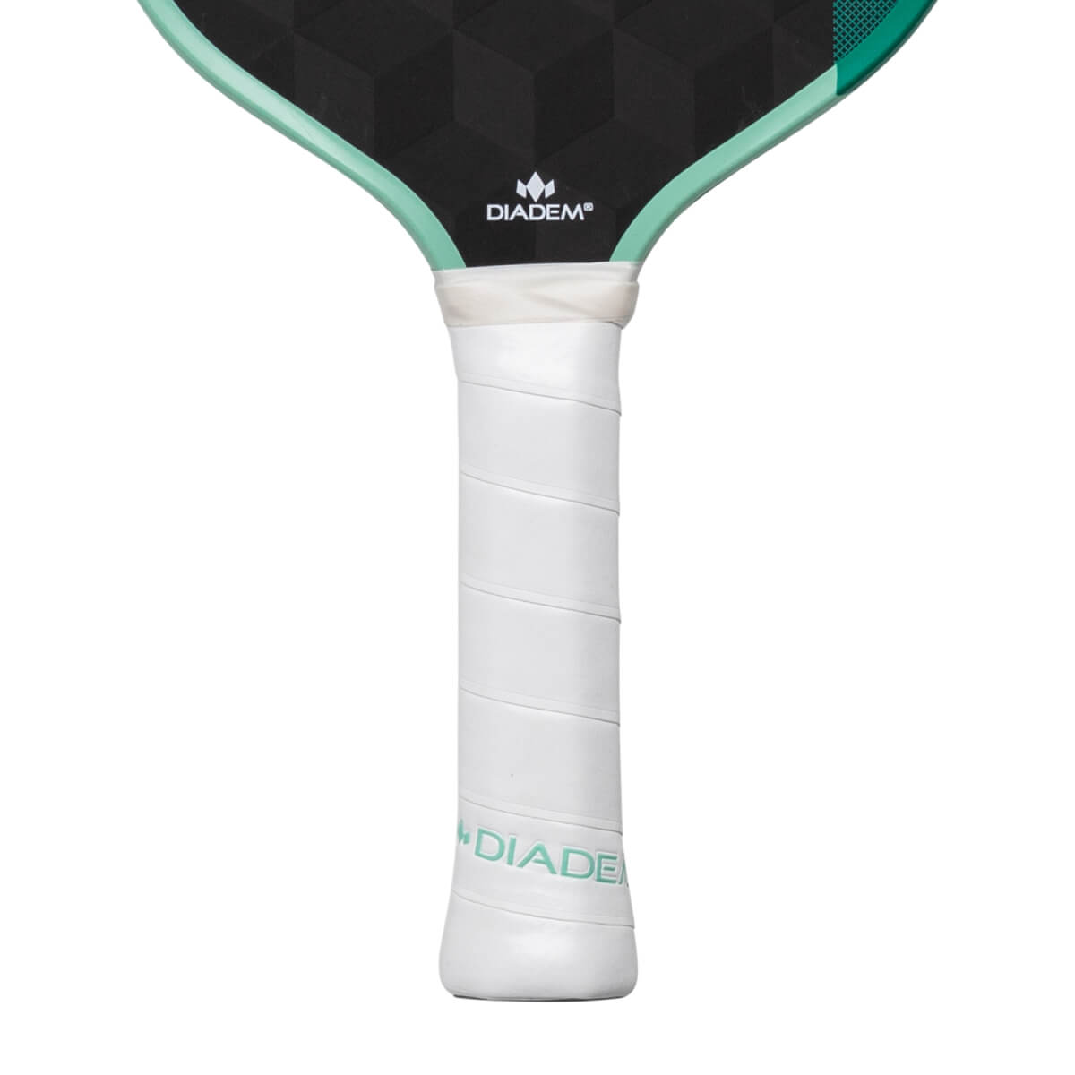 Close-up of a black and white pickleball paddle with a wrapped grip, geometric face, and teal Diadem branding.