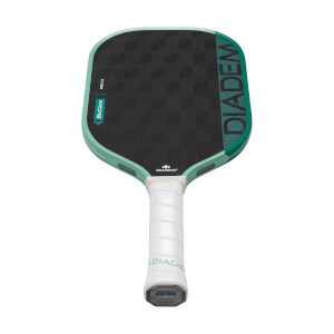 Front view of a black pickleball paddle with a checkered face, teal edge, white grip, and DIADEM and BluCore branding.