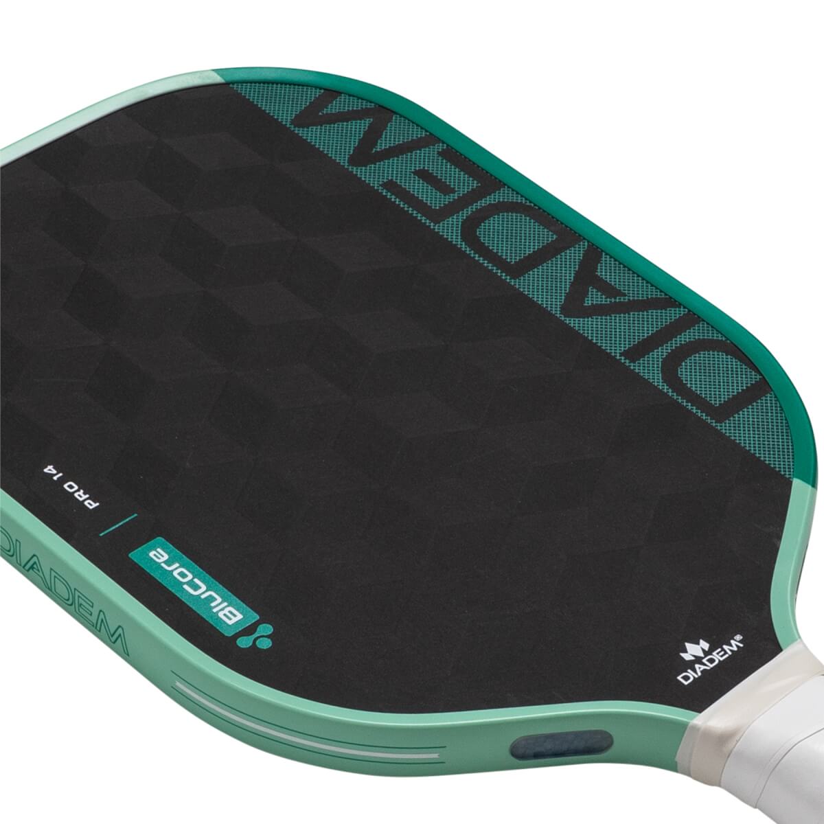 Angled top-down view of a black pickleball paddle with a geometric textured surface, teal edge guard, and DIADEM BluCore text.