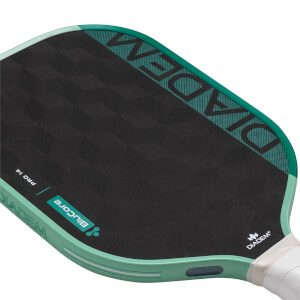 Angled top-down view of a black pickleball paddle with a geometric textured surface, teal edge guard, and DIADEM BluCore text.