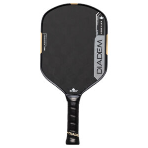 Front view of a black pickleball paddle with gold accents, showing "DIADEM" and "EDGE FLEX" text.