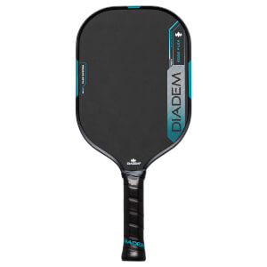 Front view of a black pickleball paddle with blue accents, showing the DIADEM logo and "EDGE FLEX" text.