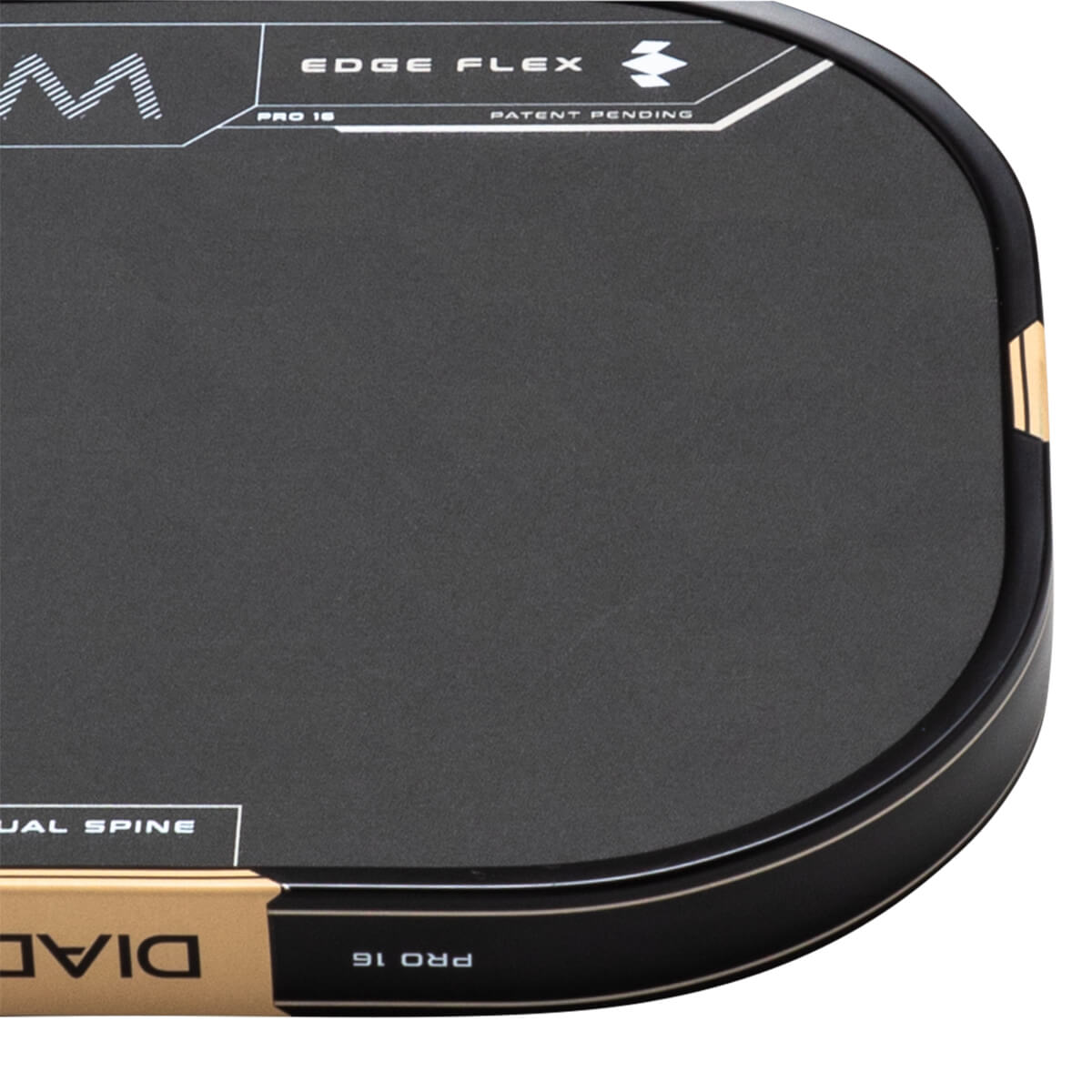 Corner view of a black paddle with "EDGE FLEX", "PRO 16", and "DUAL SPINE" text.
