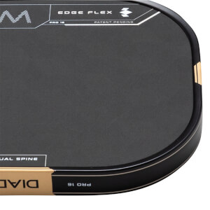 Corner view of a black paddle with "EDGE FLEX", "PRO 16", and "DUAL SPINE" text.