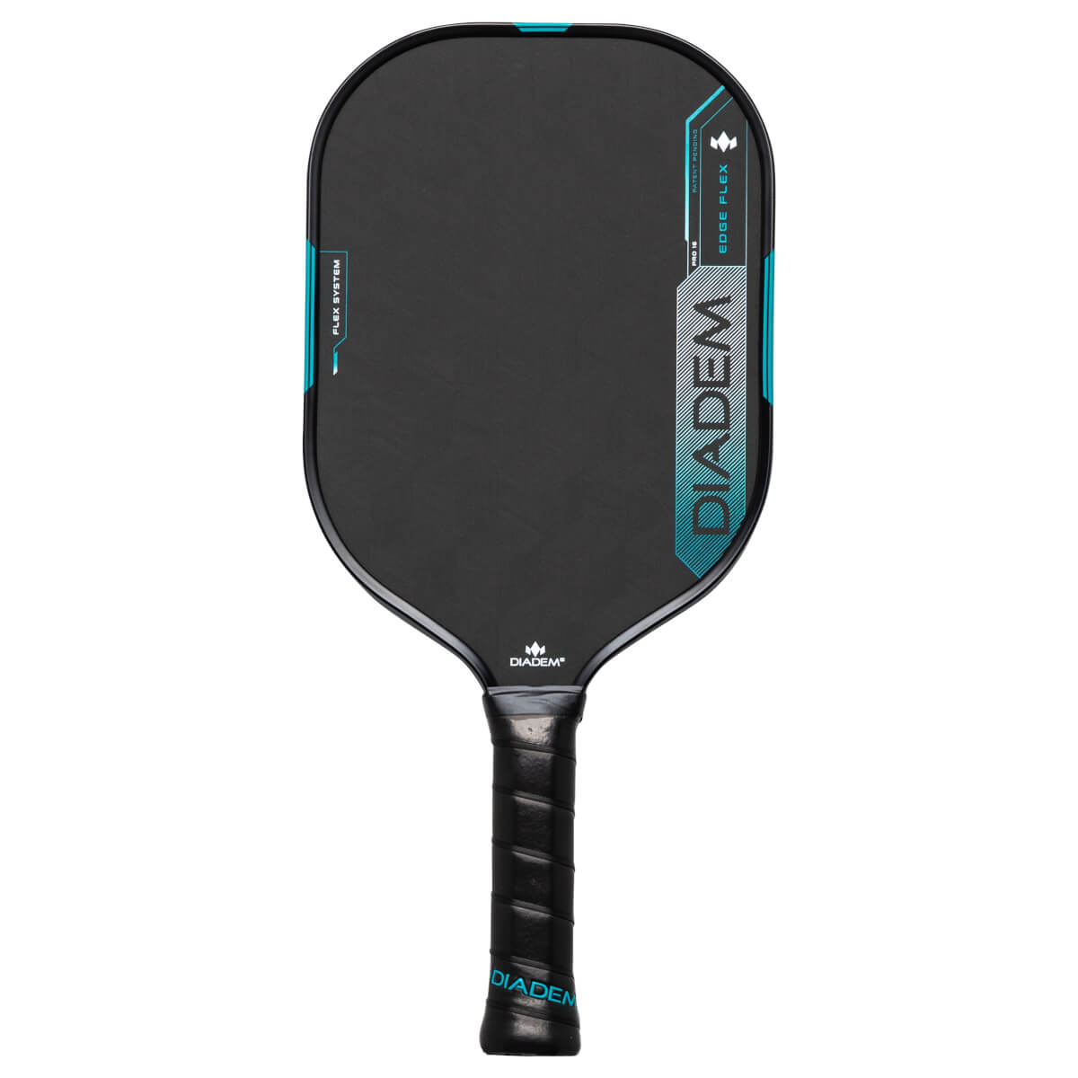 Front view of a black pickleball paddle with blue accents, showing the "DIADEM" logo and "EDGE FLEX" text.