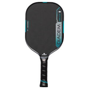 Front view of a black pickleball paddle with blue accents, showing the "DIADEM" logo and "EDGE FLEX" text.